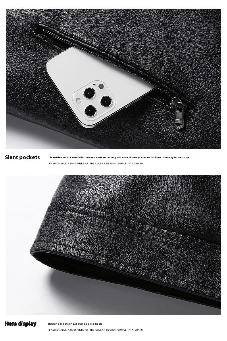 Men’s Fleece Padded Coat Casual Korean-style Stand Collar PU Leather Jacket Trendy Youth