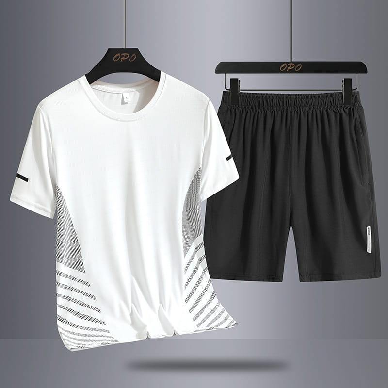 Summer Middle-aged And Elderly Men’s Suit Ice Silk Quick-drying Thin Round Neck T-shirt Loose Short Sleeve Shorts