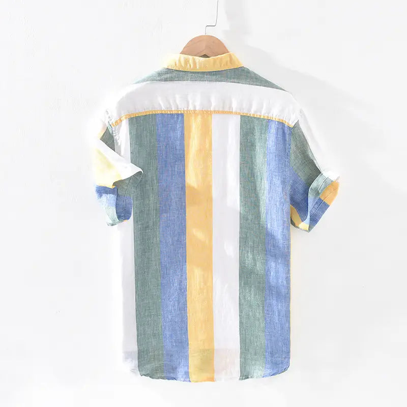 Striped Linen Shirt Men’s Loose Thin Square Collar Short Sleeves
