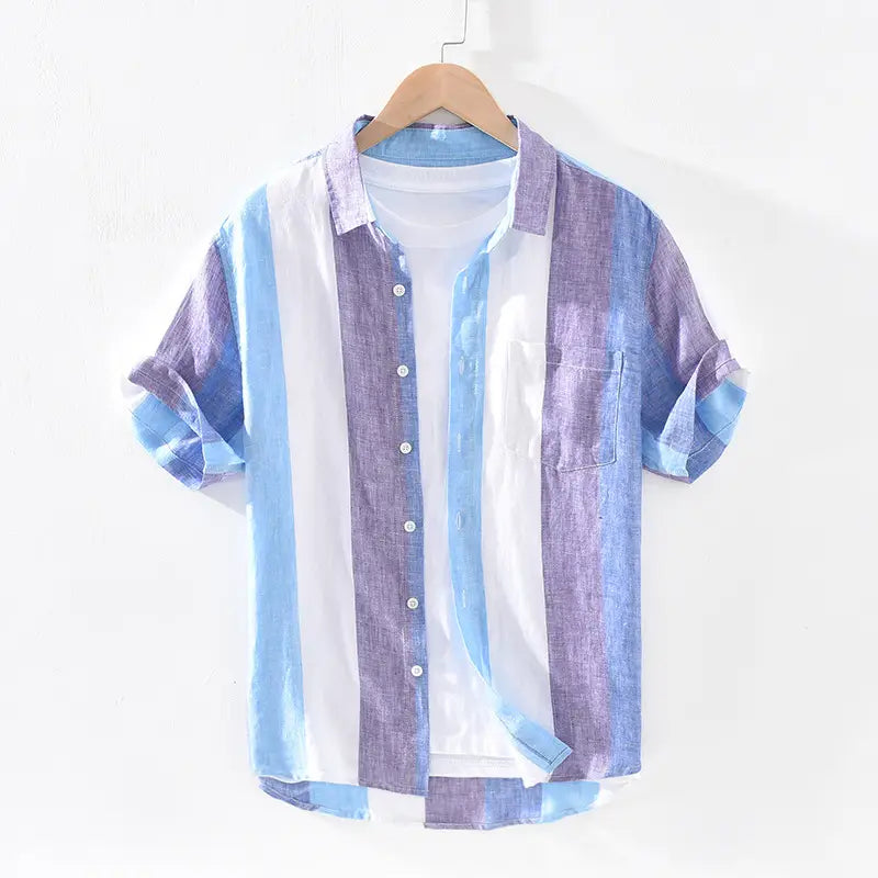 Striped Linen Shirt Men’s Loose Thin Square Collar Short Sleeves