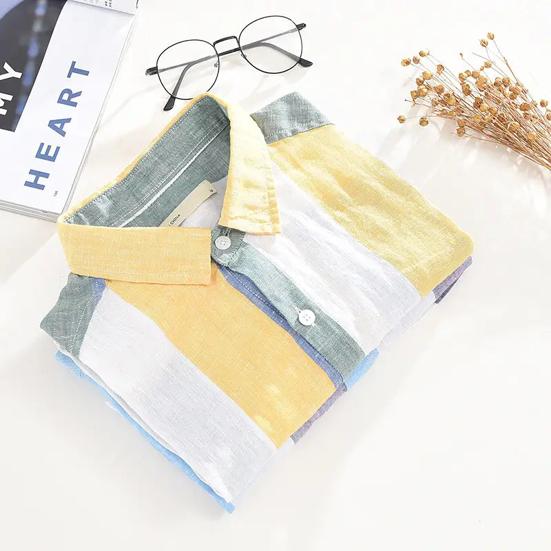 Striped Linen Shirt Men’s Loose Thin Square Collar Short Sleeves