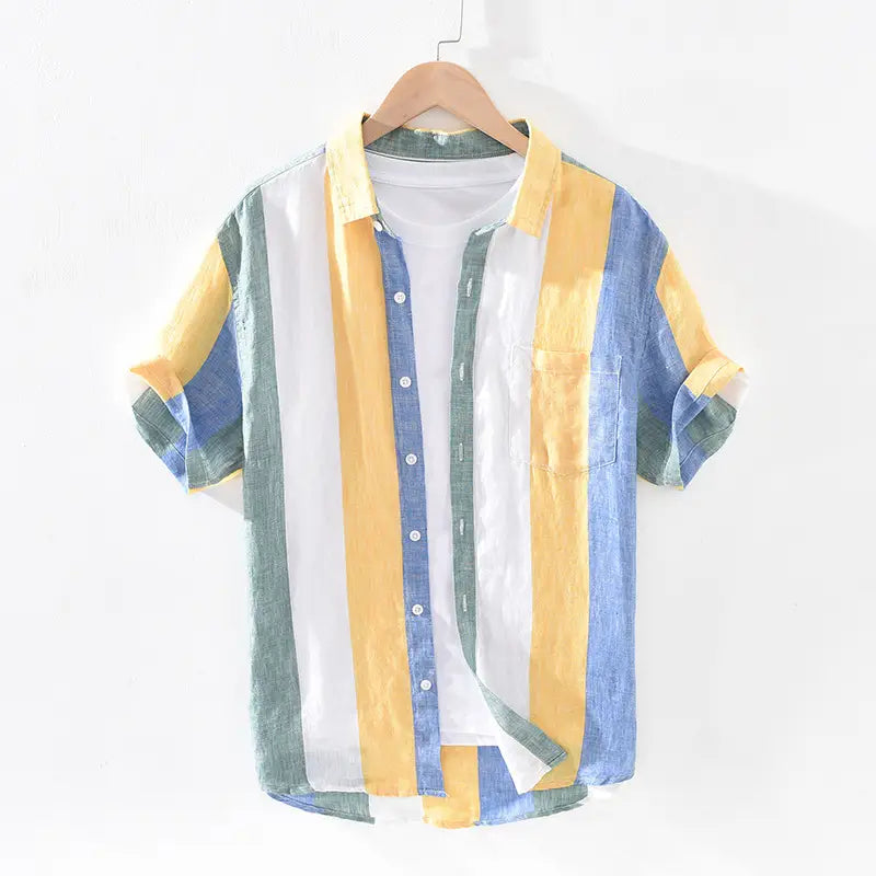 Striped Linen Shirt Men’s Loose Thin Square Collar Short Sleeves