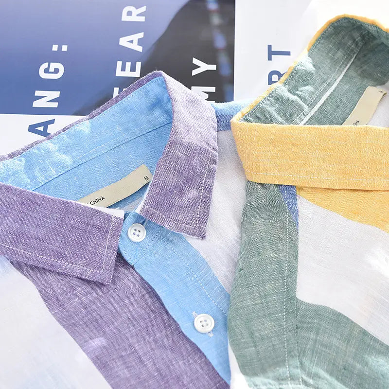 Striped Linen Shirt Men’s Loose Thin Square Collar Short Sleeves