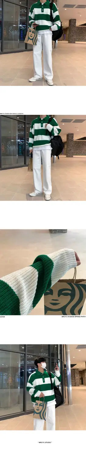 Striped Polo Sweater Men’s Autumn And Winter Lapel