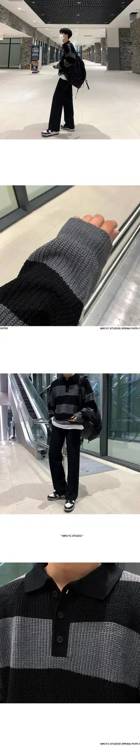 Striped Polo Sweater Men’s Autumn And Winter Lapel