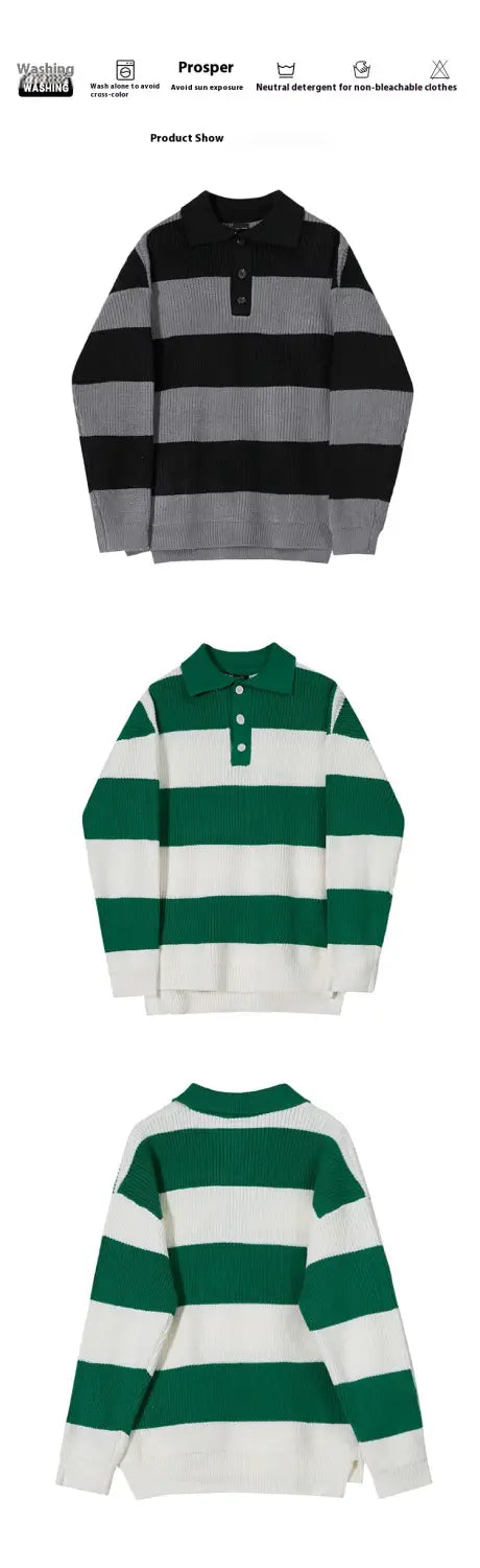 Striped Polo Sweater Men’s Autumn And Winter Lapel