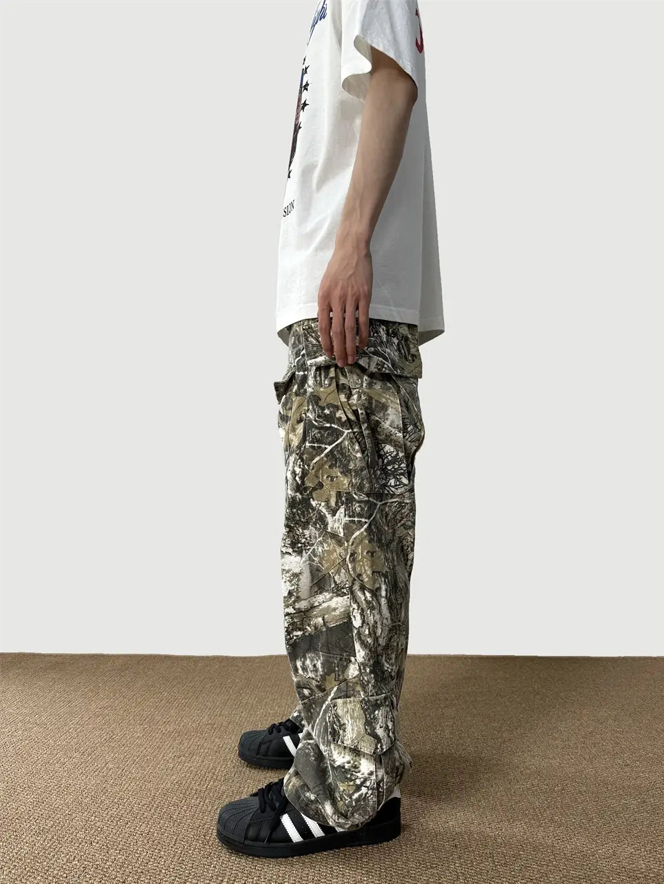 Loose Straight Tree Worn Looking Washed-out Camouflage Printed Overalls