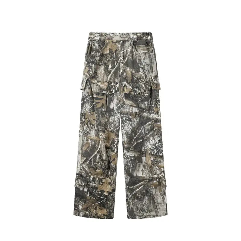 Loose Straight Tree Worn Looking Washed-out Camouflage Printed Overalls