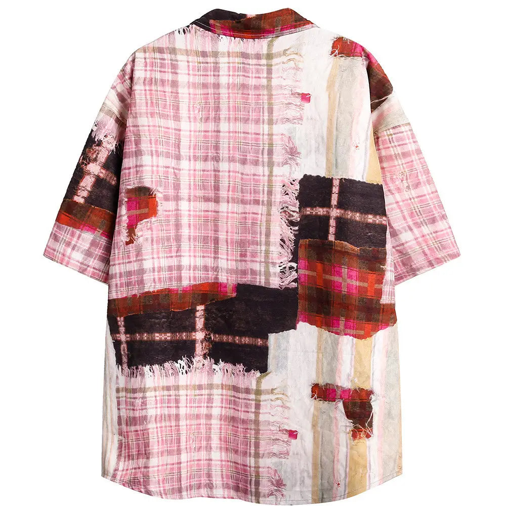 Men’s Irregular Stitching Printing Short Sleeve Plaid Shirt