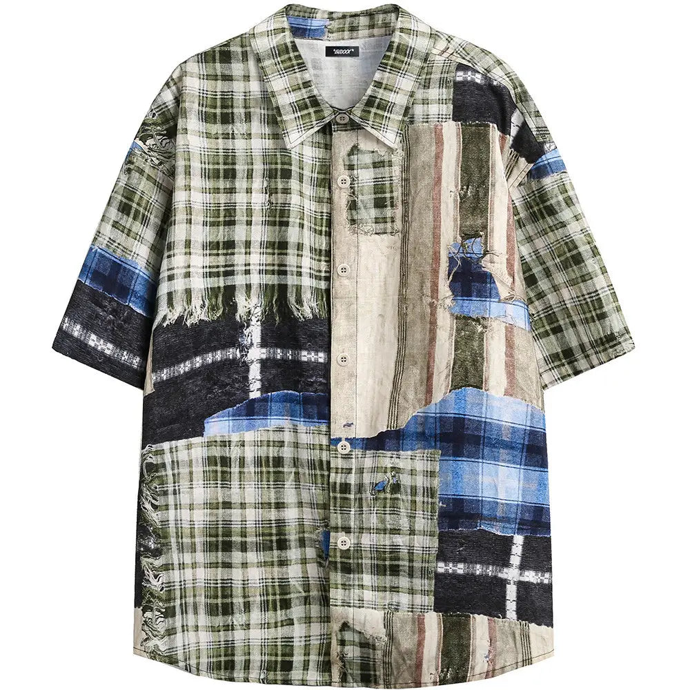 Men’s Irregular Stitching Printing Short Sleeve Plaid Shirt