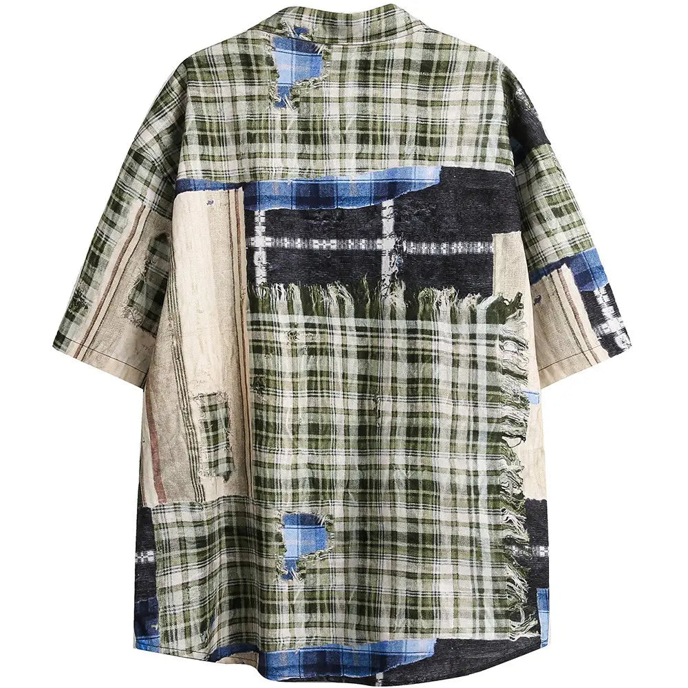 Men’s Irregular Stitching Printing Short Sleeve Plaid Shirt