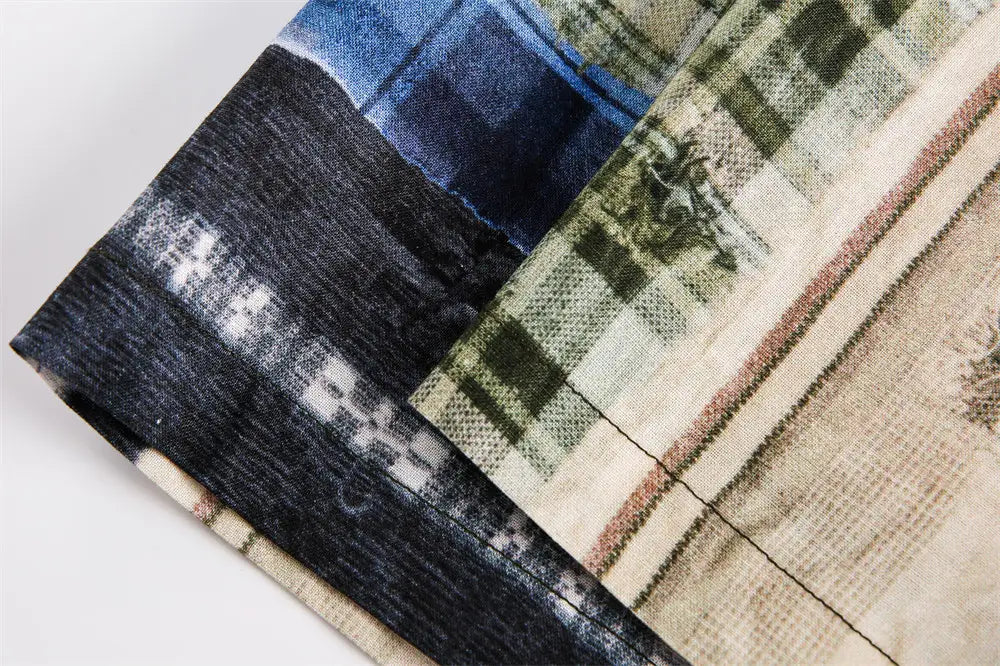 Men’s Irregular Stitching Printing Short Sleeve Plaid Shirt