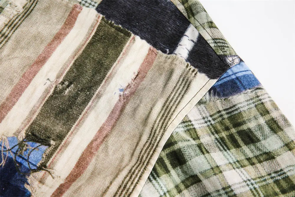 Men’s Irregular Stitching Printing Short Sleeve Plaid Shirt