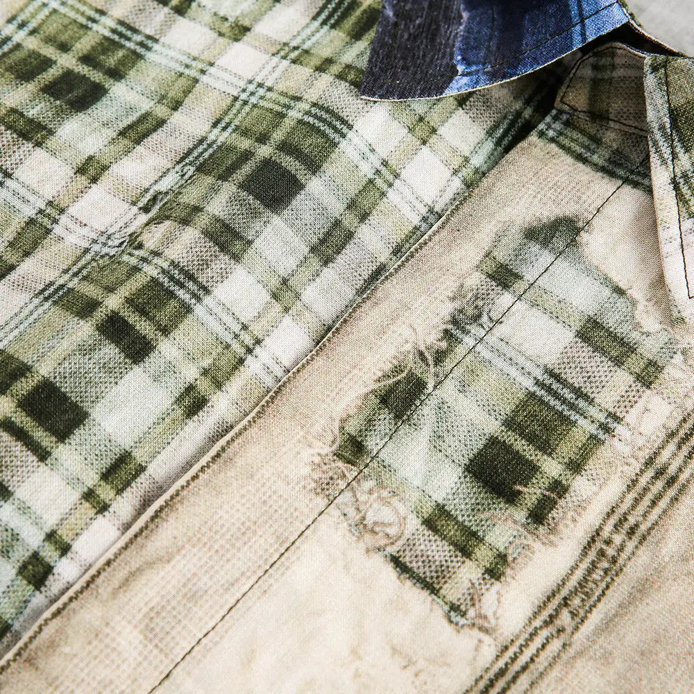 Men’s Irregular Stitching Printing Short Sleeve Plaid Shirt