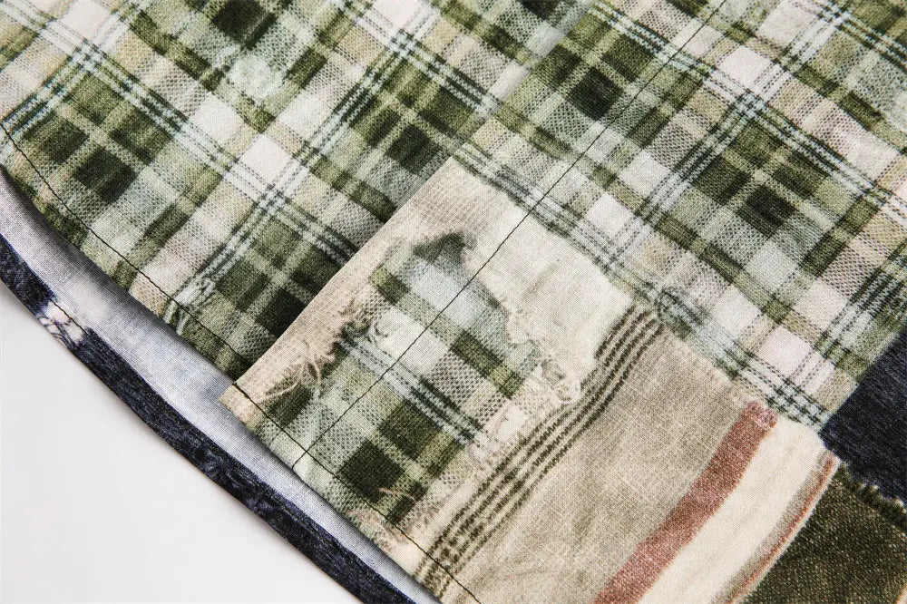 Men’s Irregular Stitching Printing Short Sleeve Plaid Shirt