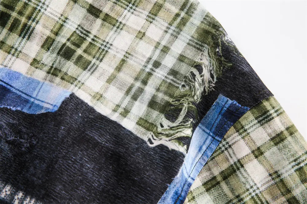 Men’s Irregular Stitching Printing Short Sleeve Plaid Shirt