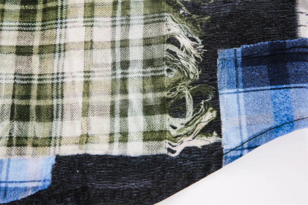 Men’s Irregular Stitching Printing Short Sleeve Plaid Shirt