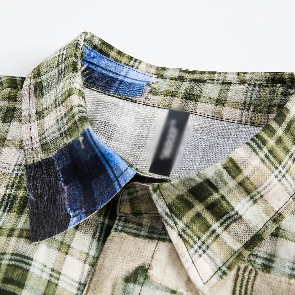 Men’s Irregular Stitching Printing Short Sleeve Plaid Shirt