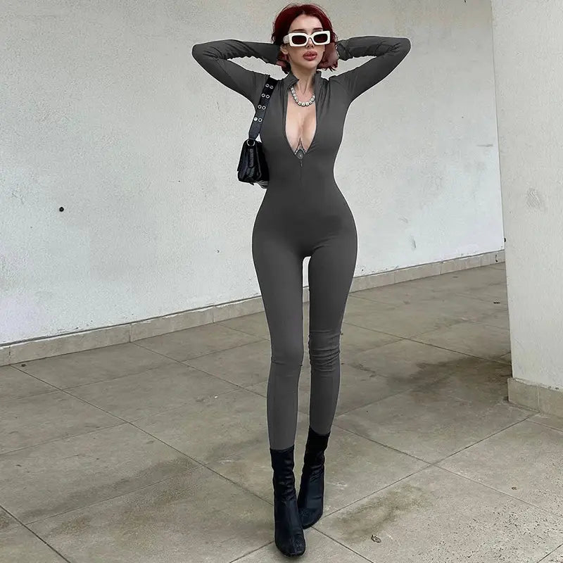 Women’s Fashion Personality Chest Zipper Slim-fit Long-sleeved Stretch Bottoming Jumpsuit