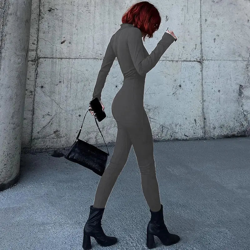 Women’s Fashion Personality Chest Zipper Slim-fit Long-sleeved Stretch Bottoming Jumpsuit