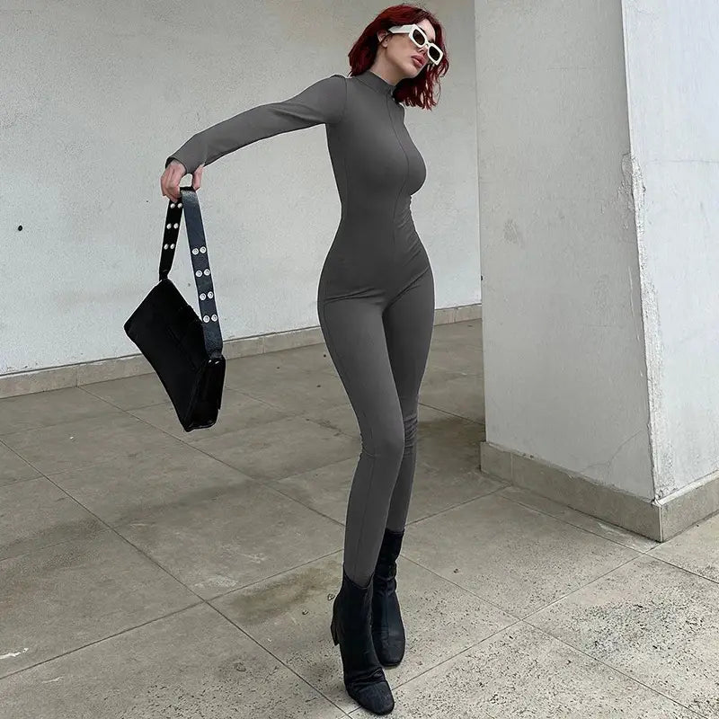 Women’s Fashion Personality Chest Zipper Slim-fit Long-sleeved Stretch Bottoming Jumpsuit