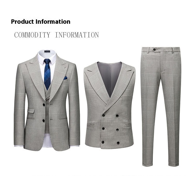Men’s Suit Slim Fit Business Casual Gray Lattice Pattern Three-piece Suit