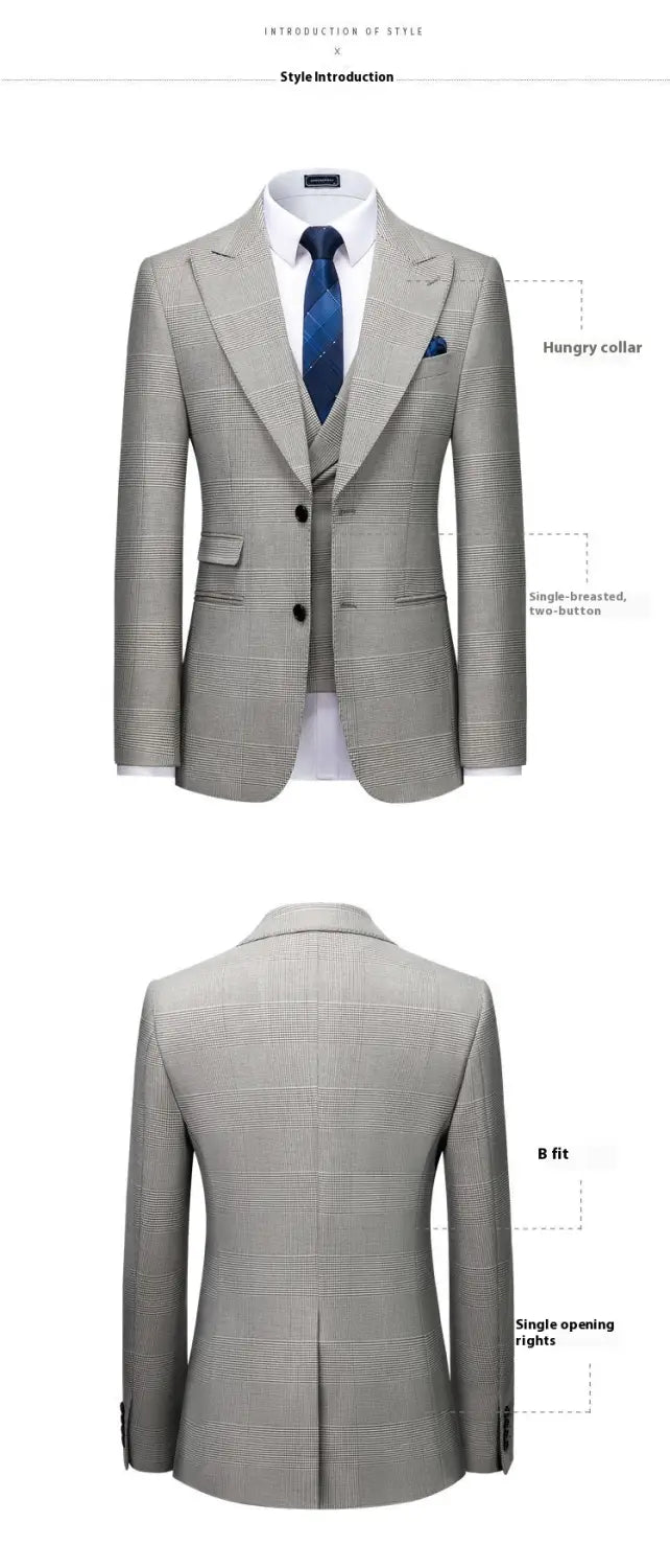 Men’s Suit Slim Fit Business Casual Gray Lattice Pattern Three-piece Suit