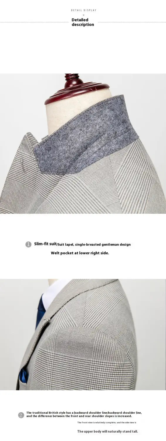 Men’s Suit Slim Fit Business Casual Gray Lattice Pattern Three-piece Suit