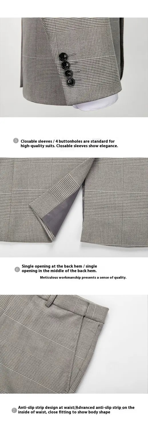 Men’s Suit Slim Fit Business Casual Gray Lattice Pattern Three-piece Suit