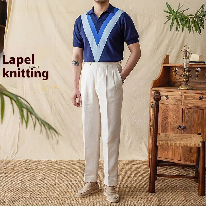 Cotton High-end V-neck Casual Color Matching Knitted Short Sleeve