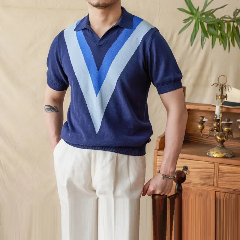 Cotton High-end V-neck Casual Color Matching Knitted Short Sleeve