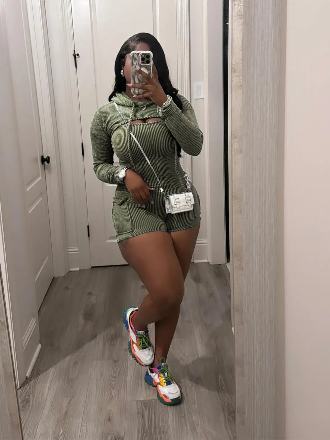 Women’s Wear Long Sleeve Hooded Solid Color Suspender Tight One-piece Shorts Two-piece Set