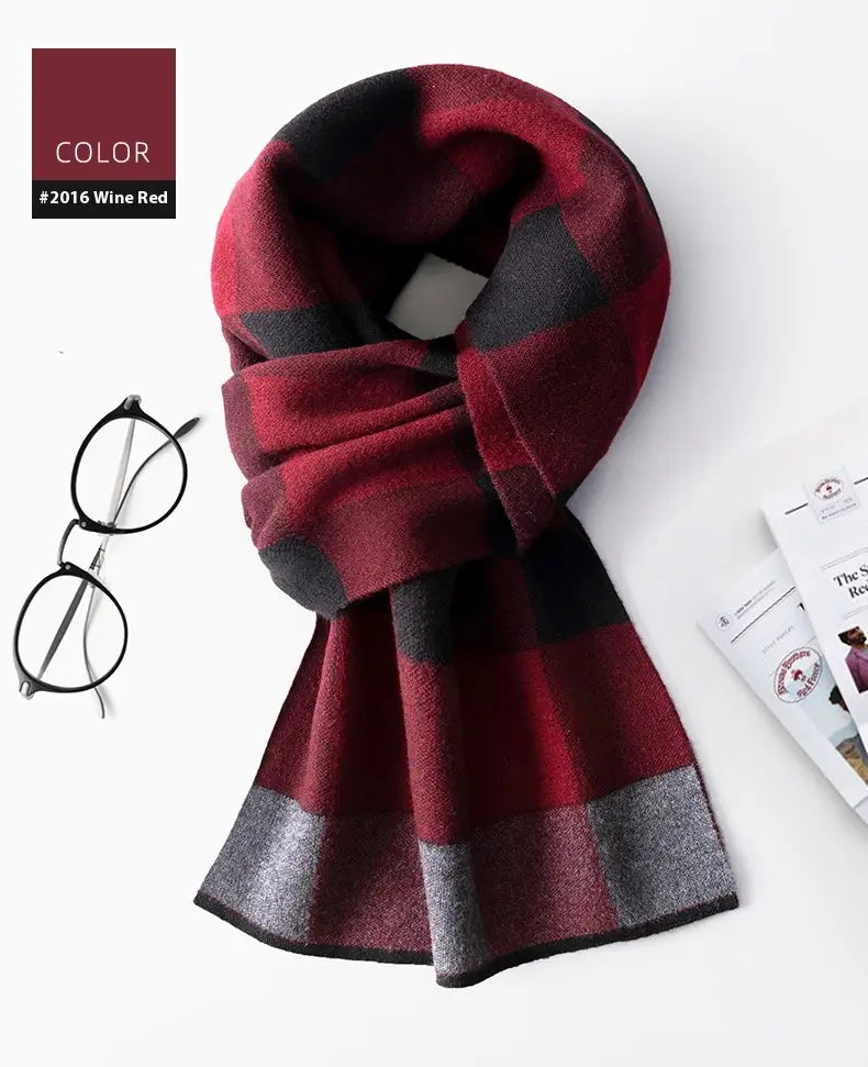 Wool Scarf Men’s Winter Plaid Double-sided Scarf