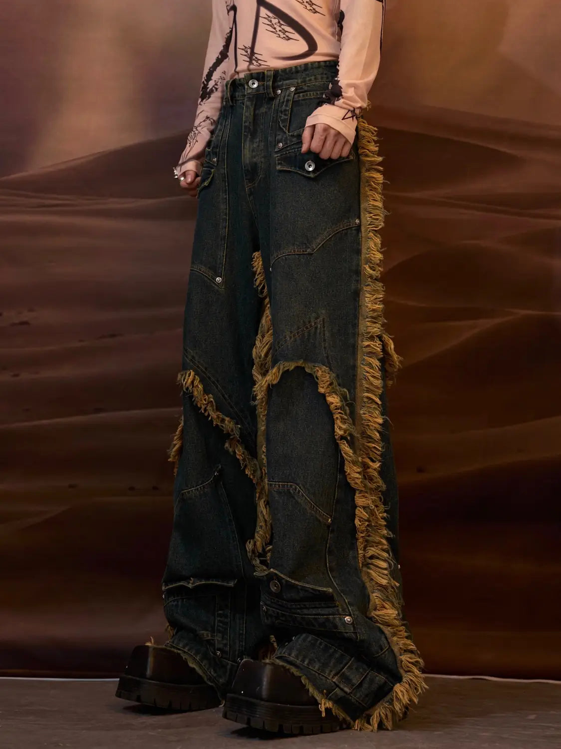 Deconstructed Distressed Burrs Tassels Jeans