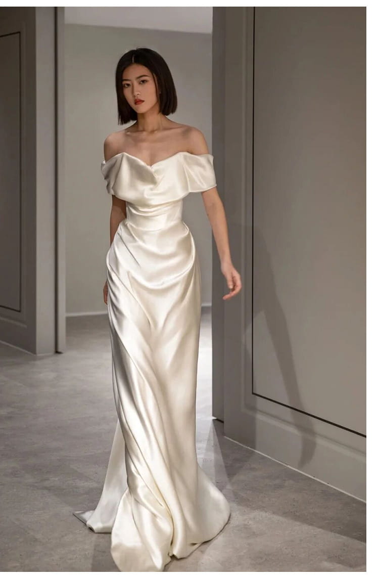 French White Off-shoulder Light Wedding Dress
