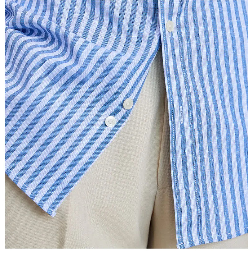 Petty Bourgeoisie Striped Gentry Dress Cotton Linen Long Sleeved Shirt