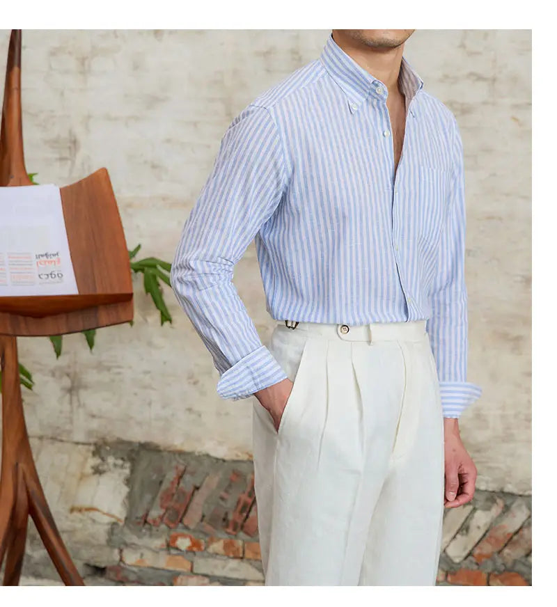 Petty Bourgeoisie Striped Gentry Dress Cotton Linen Long Sleeved Shirt