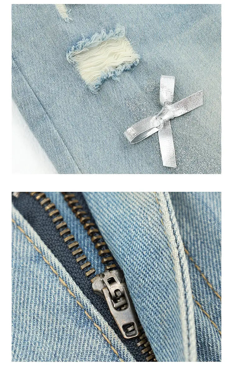 Women’s Bow Wide Leg Retro Ripped Straight Jeans