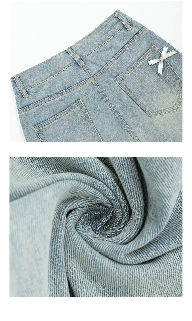Women’s Bow Wide Leg Retro Ripped Straight Jeans