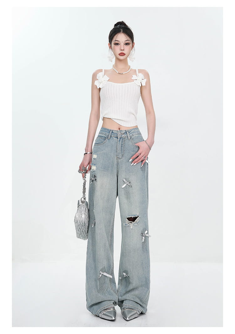 Women’s Bow Wide Leg Retro Ripped Straight Jeans