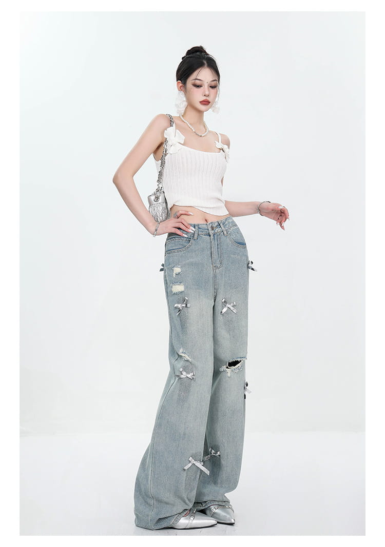 Women’s Bow Wide Leg Retro Ripped Straight Jeans