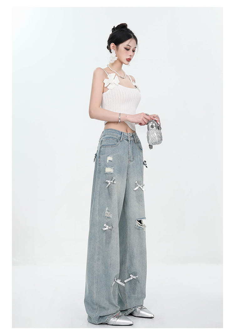 Women’s Bow Wide Leg Retro Ripped Straight Jeans