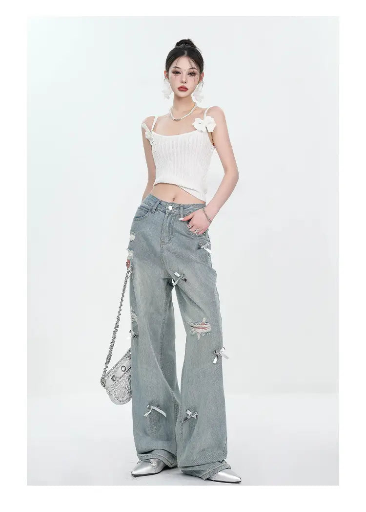 Women’s Bow Wide Leg Retro Ripped Straight Jeans