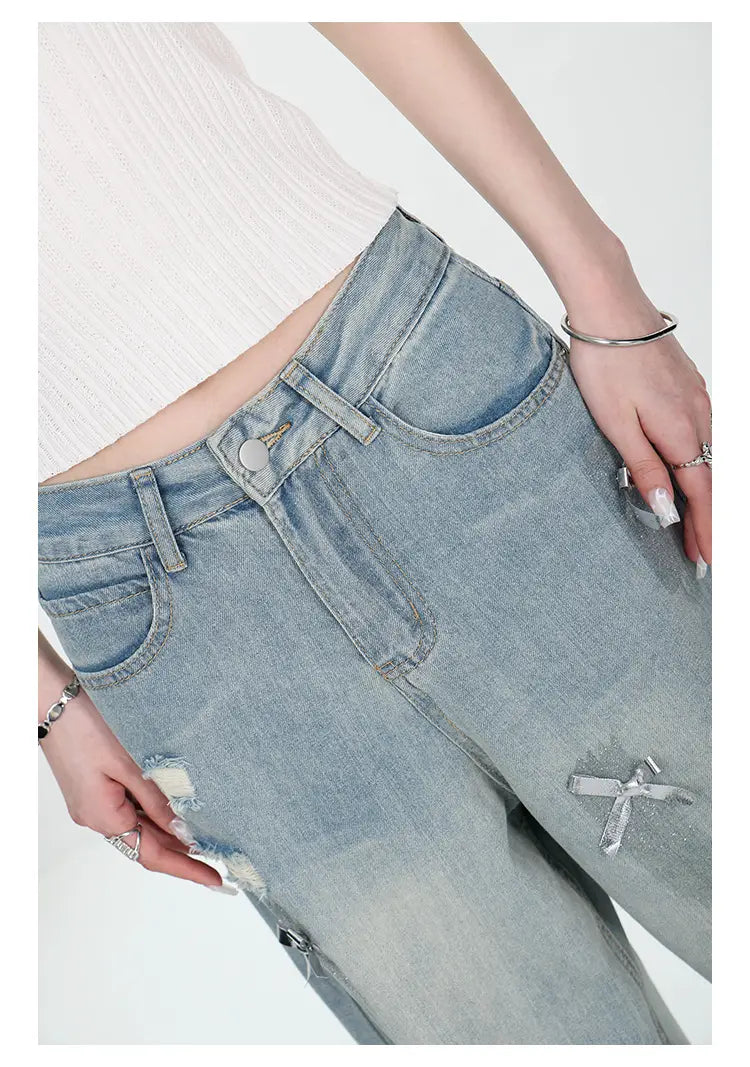 Women’s Bow Wide Leg Retro Ripped Straight Jeans