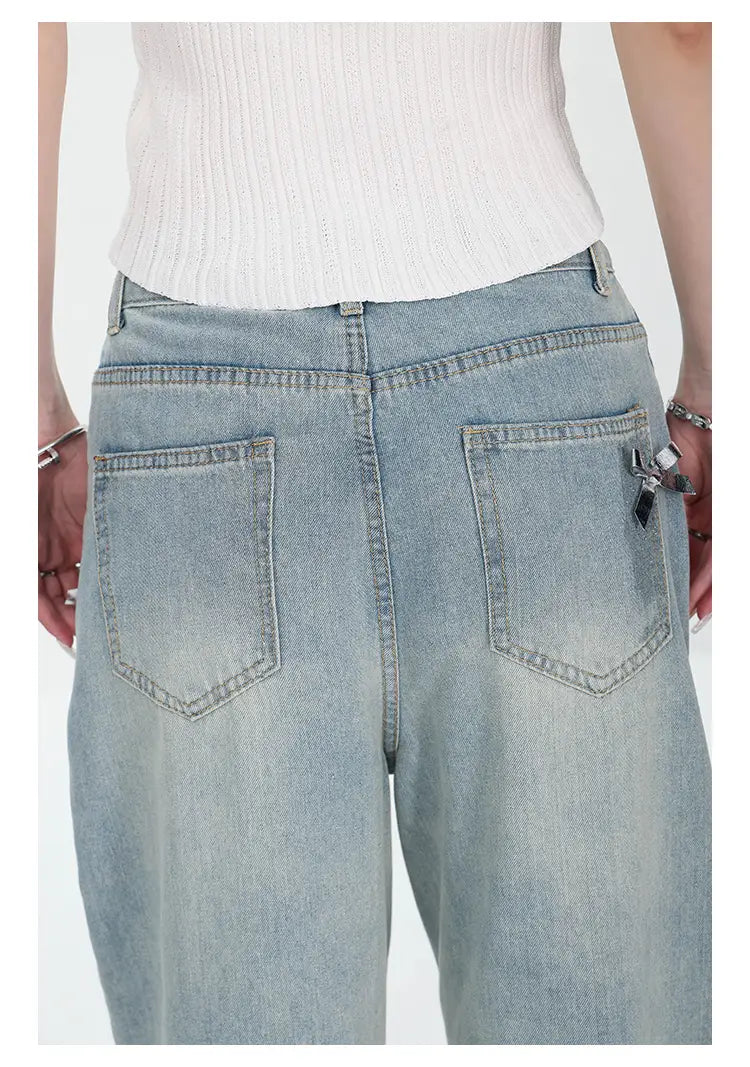 Women’s Bow Wide Leg Retro Ripped Straight Jeans