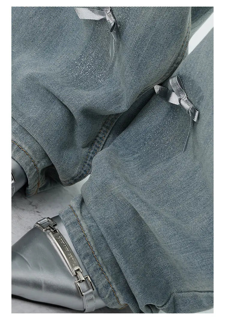 Women’s Bow Wide Leg Retro Ripped Straight Jeans