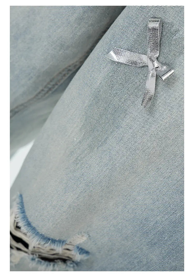 Women’s Bow Wide Leg Retro Ripped Straight Jeans