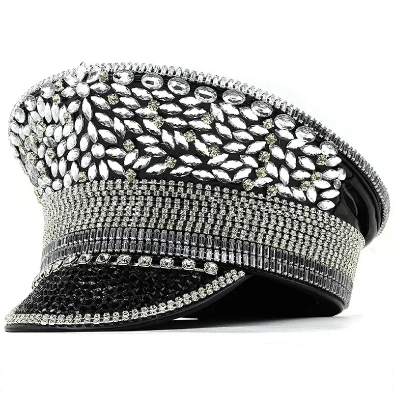 Women’s Diamond Wedding Hat Silver Sequined Diamonds Photography Hat Peaked Cap Flat-top Hat Performance Cap