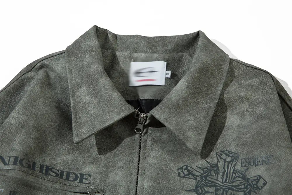 Men’s Cross Print Loose Leather Jacket