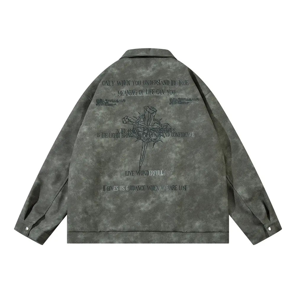 Men’s Cross Print Loose Leather Jacket